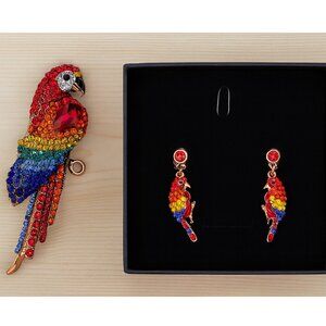 Gorgeous Parrot Bird Jewelry Set Brooch Earrings Rhinestones NEW in Box